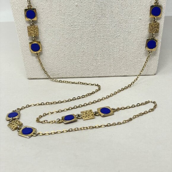 Vintage Long Necklace Blue Gold-Tone Chain‎ Layering Classic Old Money - Picture 3 of 6